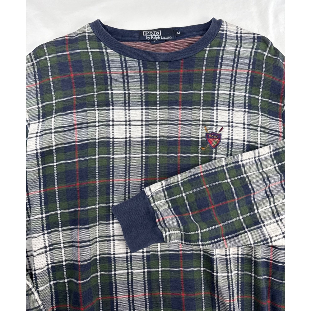 Polo Ralph Lauren Mens Green Plaid Golf Crest Crewneck Sweatshirt Size M